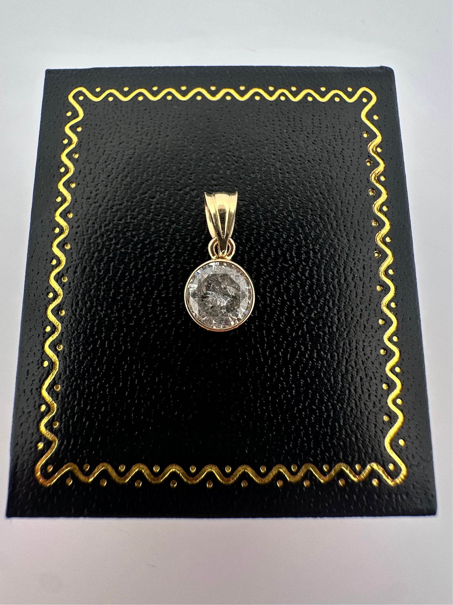 Natural salt and pepper diamond bezel set pendant - 1.10ct in 14k yellow gold
