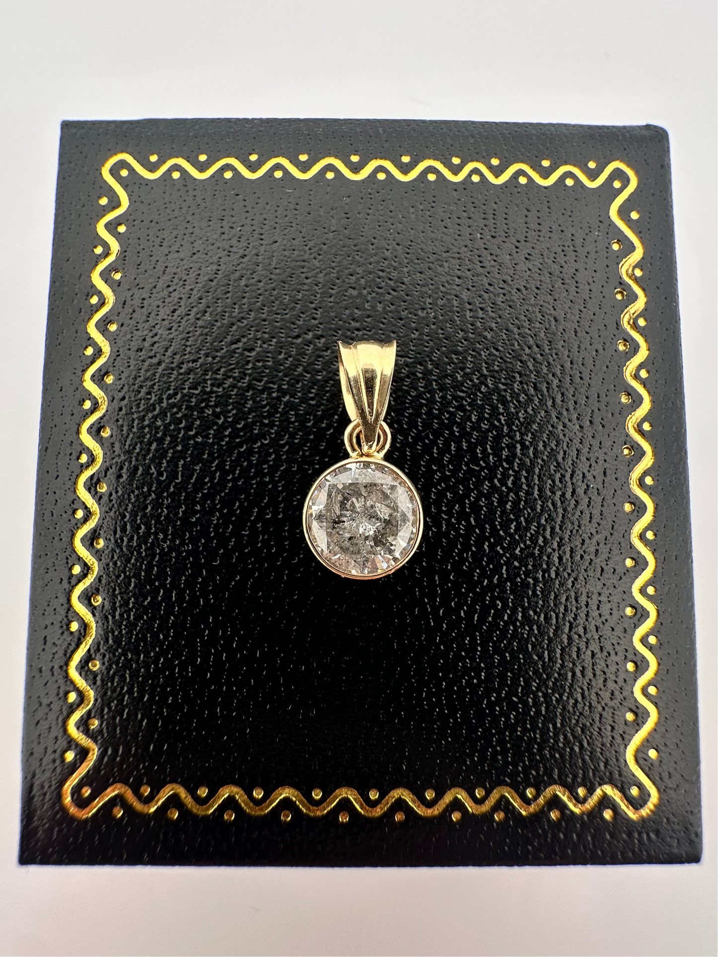 Natural salt and pepper diamond bezel set pendant - 1.10ct in 14k yellow gold