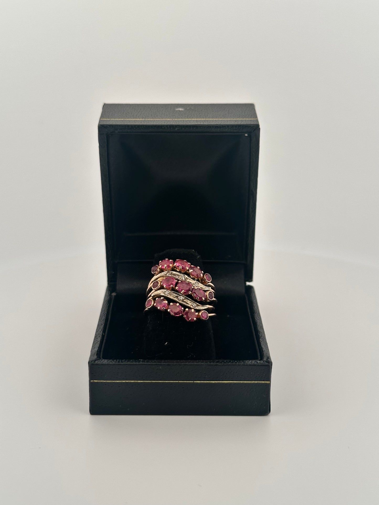 Vintage Natural Ruby and Diamond five band cocktail ring - 14k rose gold