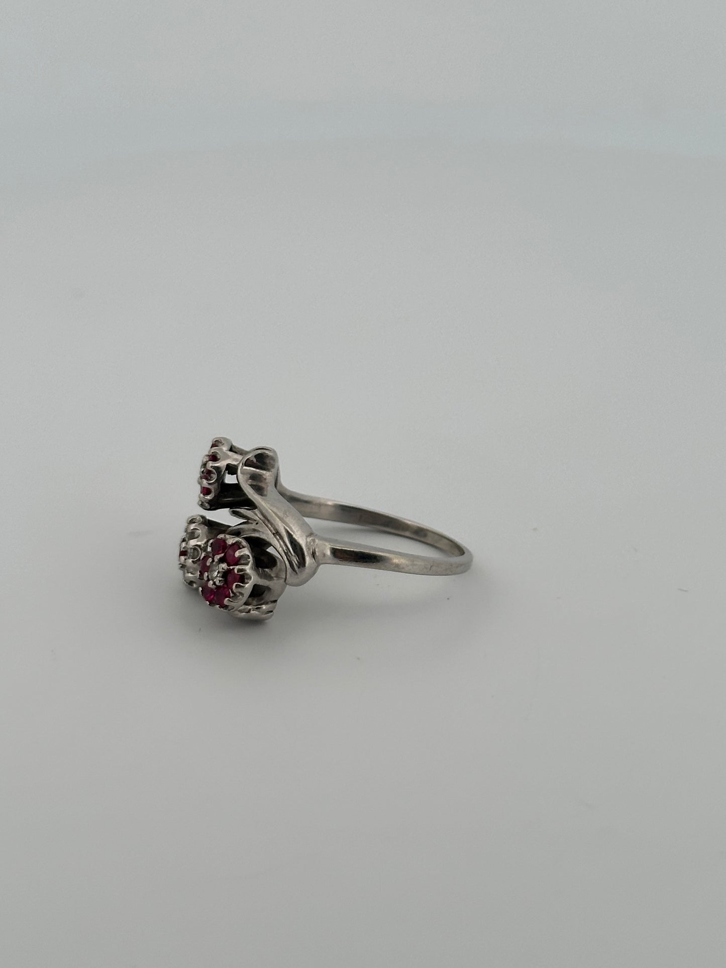 Vintage ruby and diamond floral cocktail ring in 14k white gold