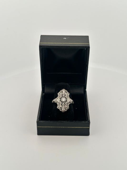 Antique art deco 14k white gold shield ring with natural diamonds