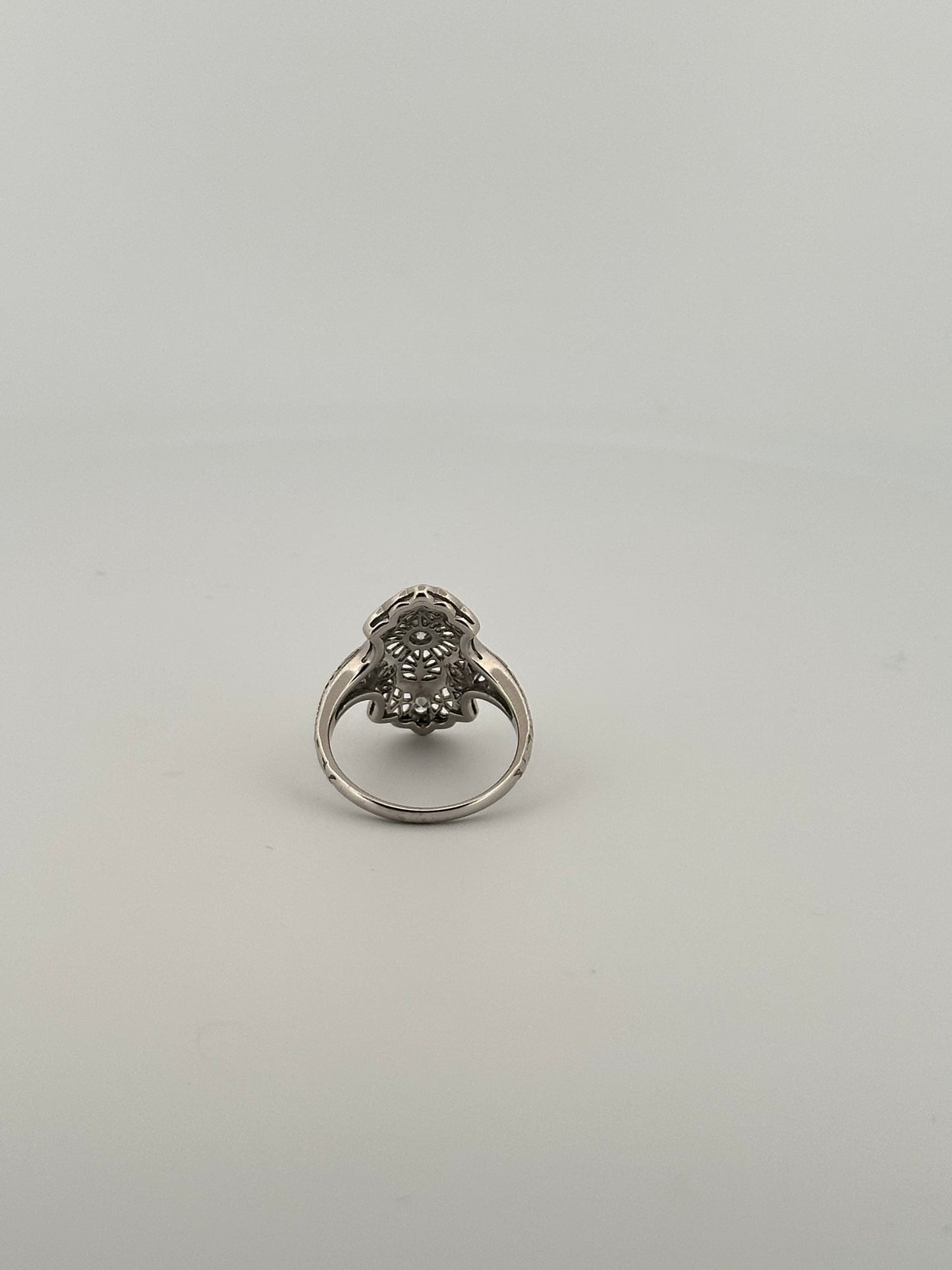 Antique art deco 14k white gold shield ring with natural diamonds