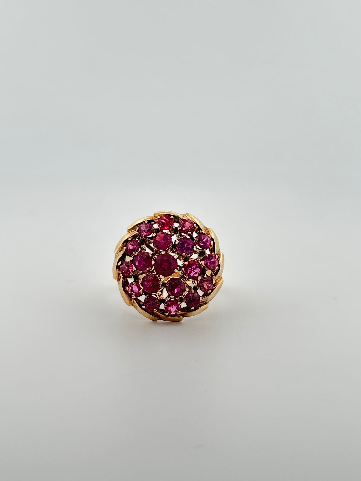 Vintage natural ruby cluster ballerina cocktail ring in 14k yellow gold