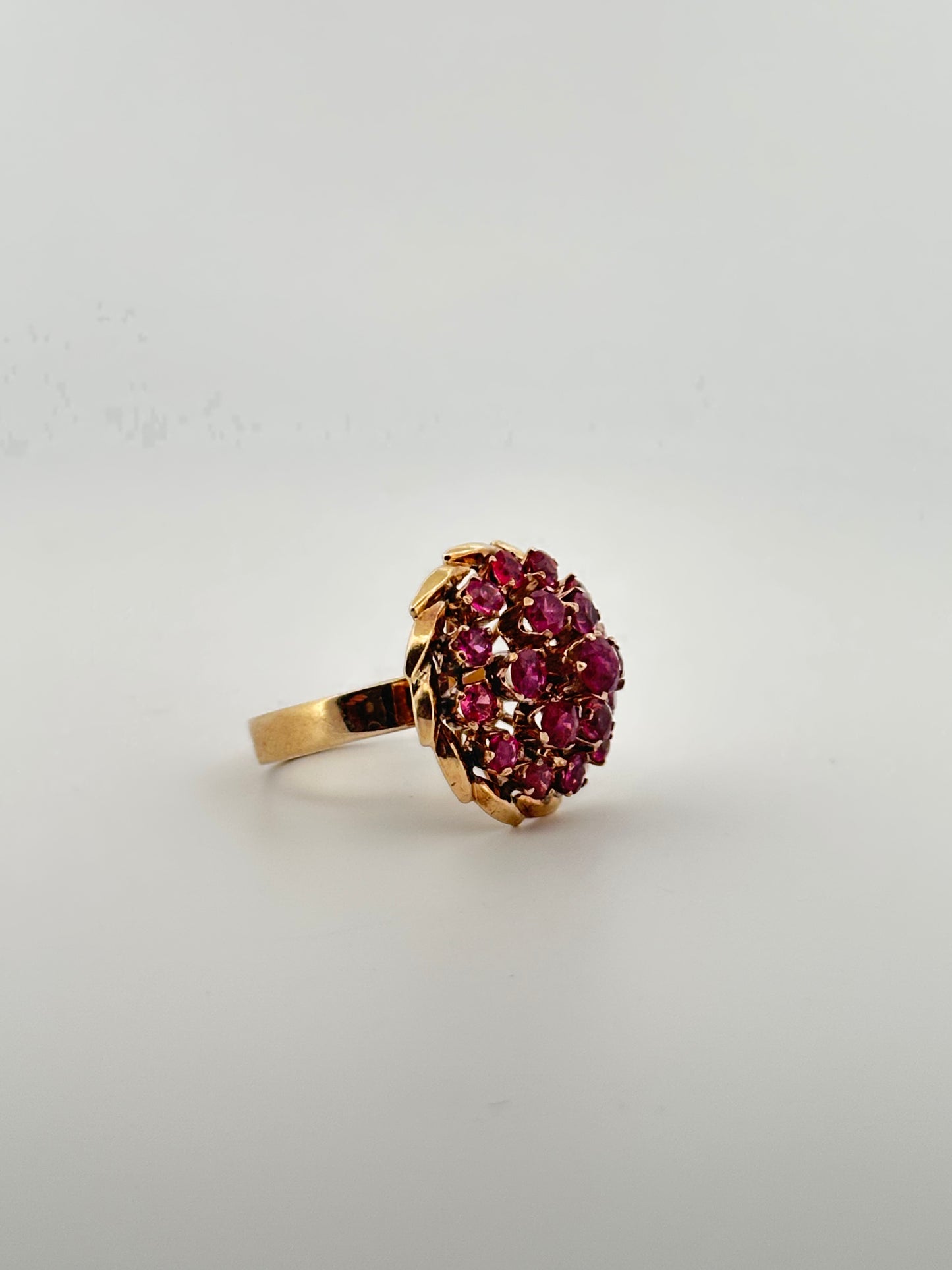 Vintage natural ruby cluster ballerina cocktail ring in 14k yellow gold