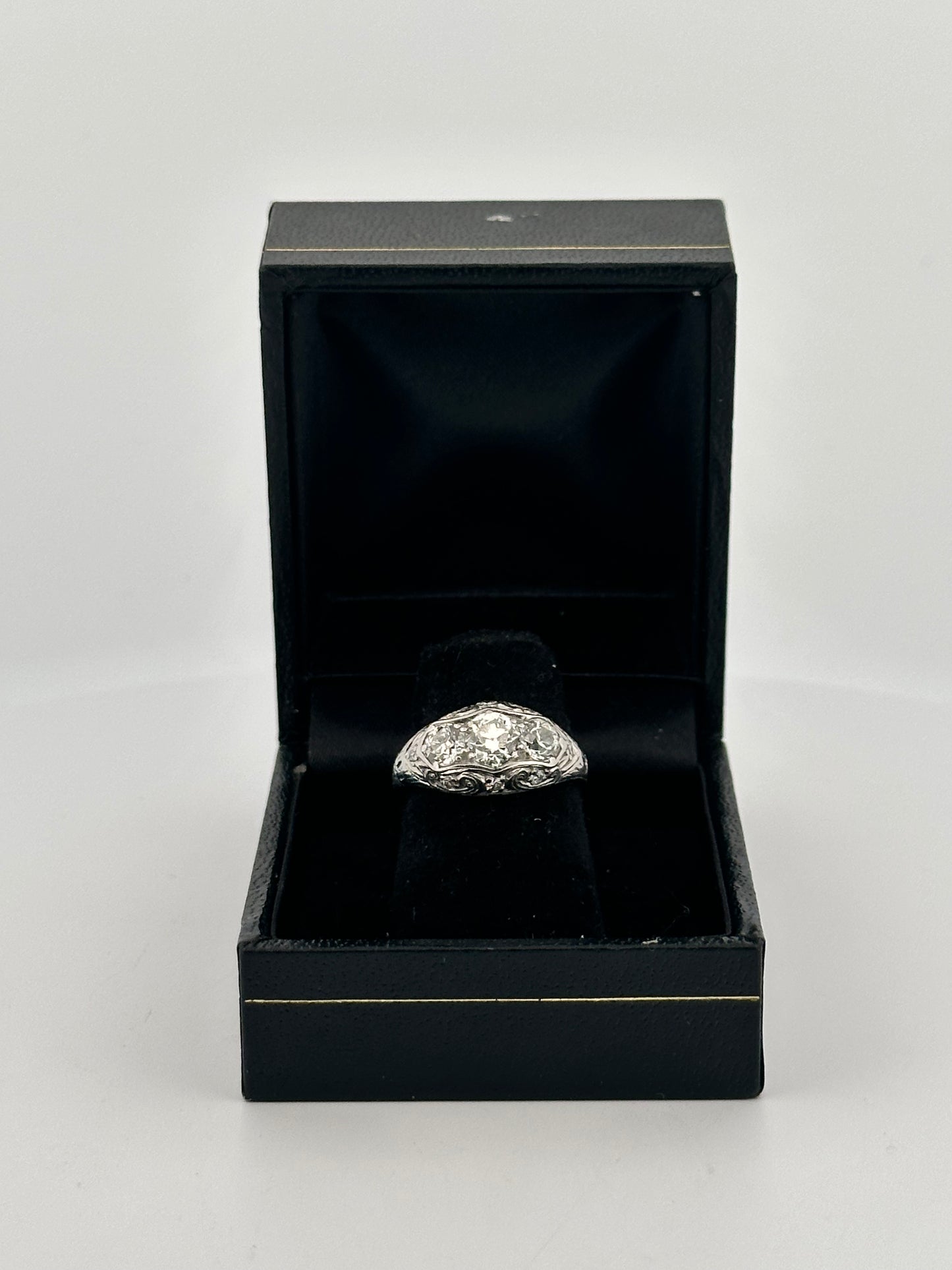 Antique art deco old mine cut natural diamond ring in 18k white gold