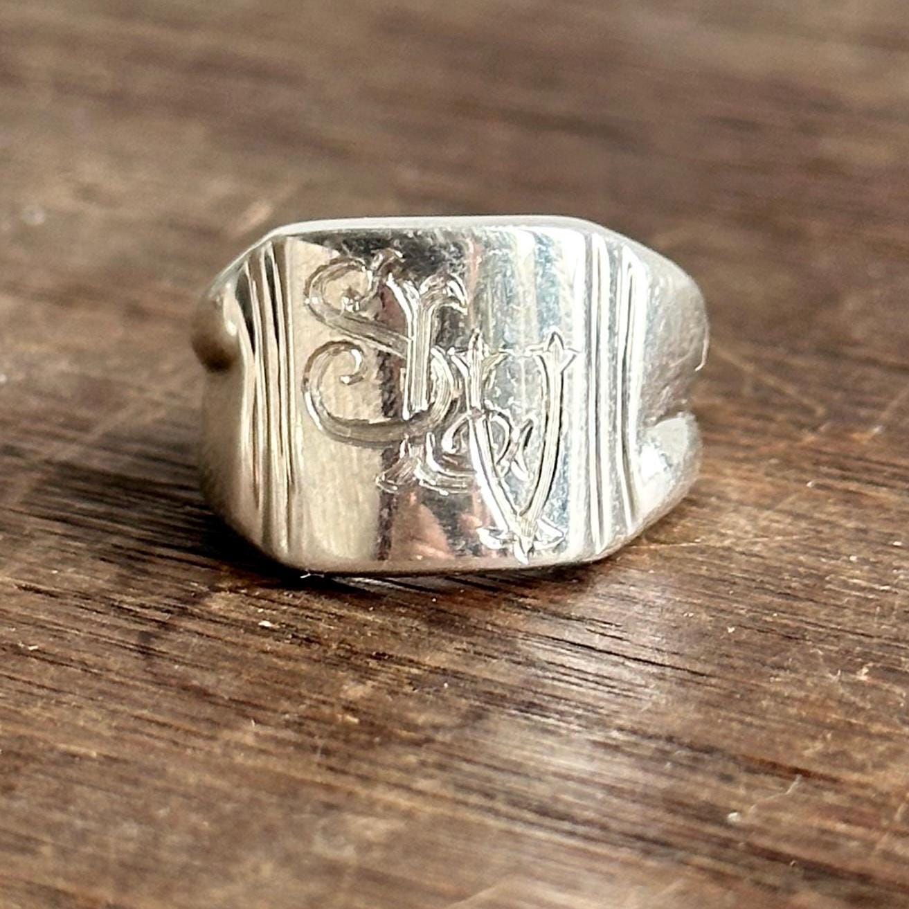 custom hand engraved signet ring - vintage sterling silver initial ring