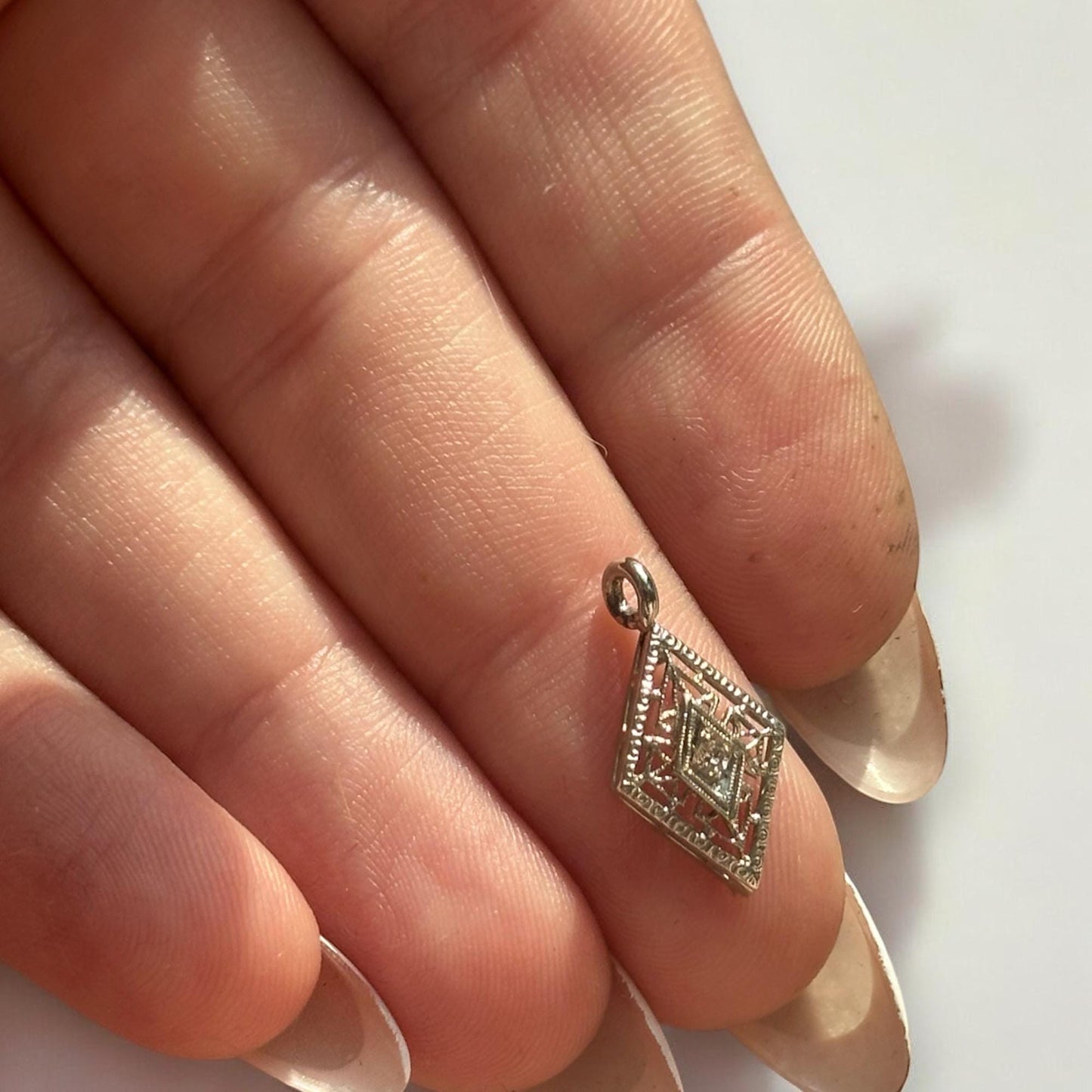 vintage 14k white gold and diamond art deco converted stick pin pendant