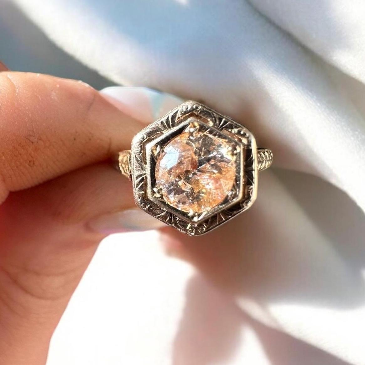 Antique Art Deco Natural Peach Colored Diamond Ring - 14k Solid Yellow Gold