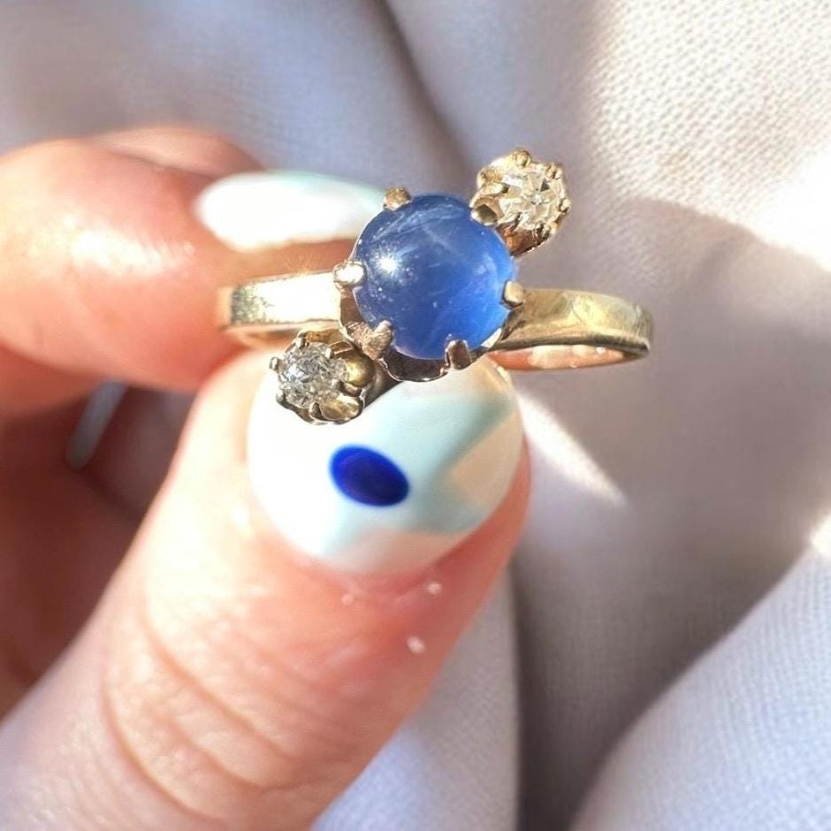 Antique Victorian sapphire cabochon ring with old mind cut diamonds - 14k yellow gold