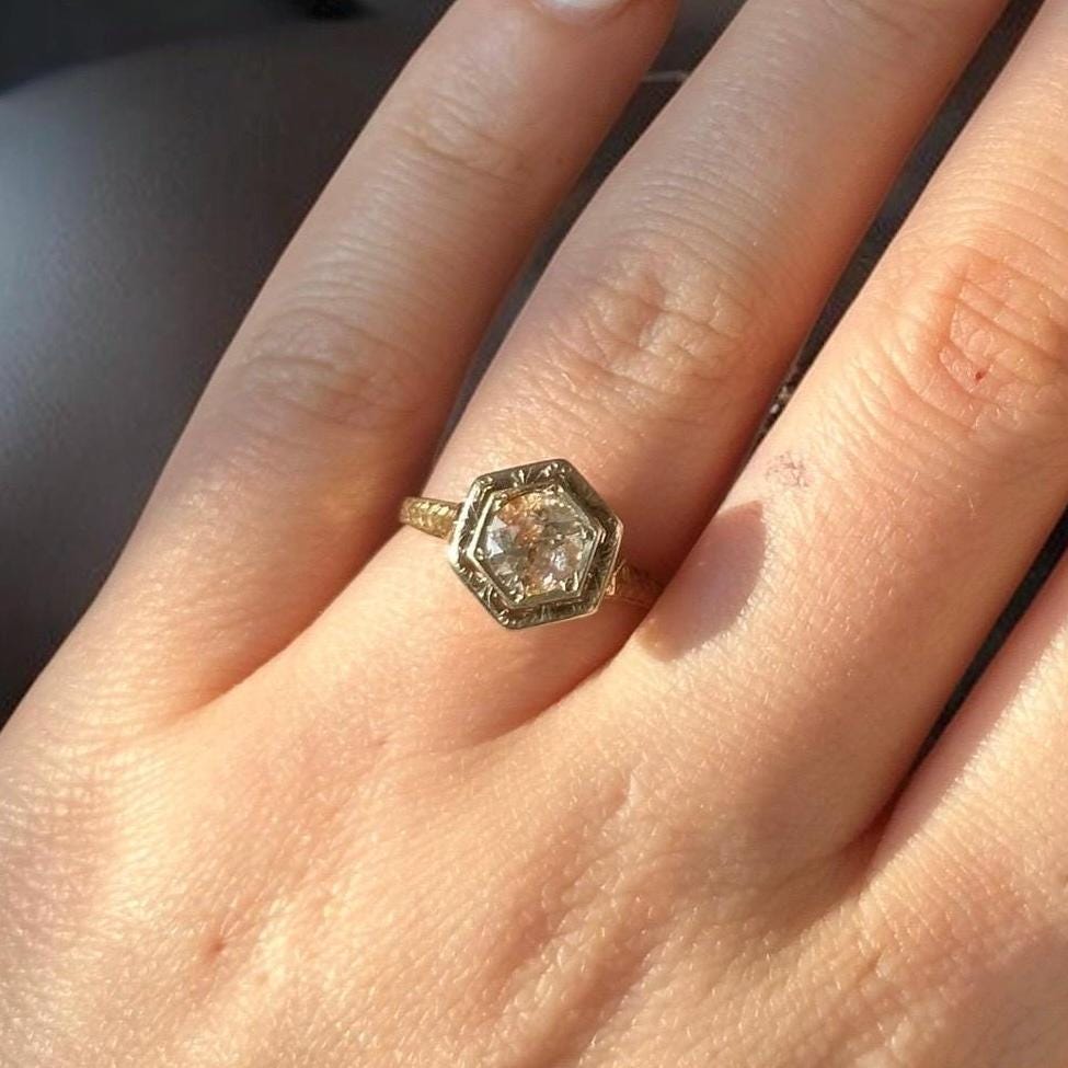 Antique Art Deco Natural Peach Colored Diamond Ring - 14k Solid Yellow Gold