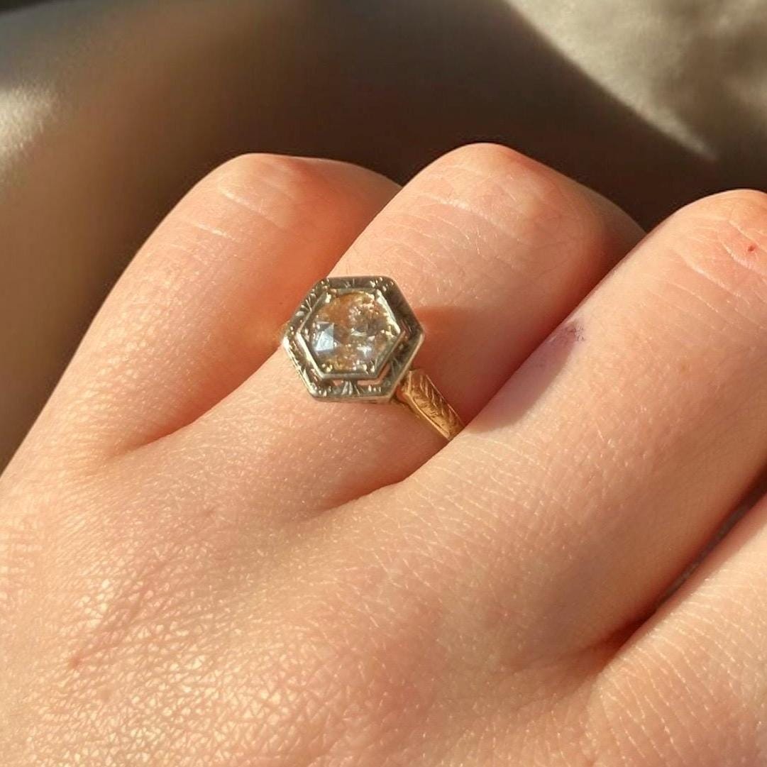 Antique Art Deco Natural Peach Colored Diamond Ring - 14k Solid Yellow Gold