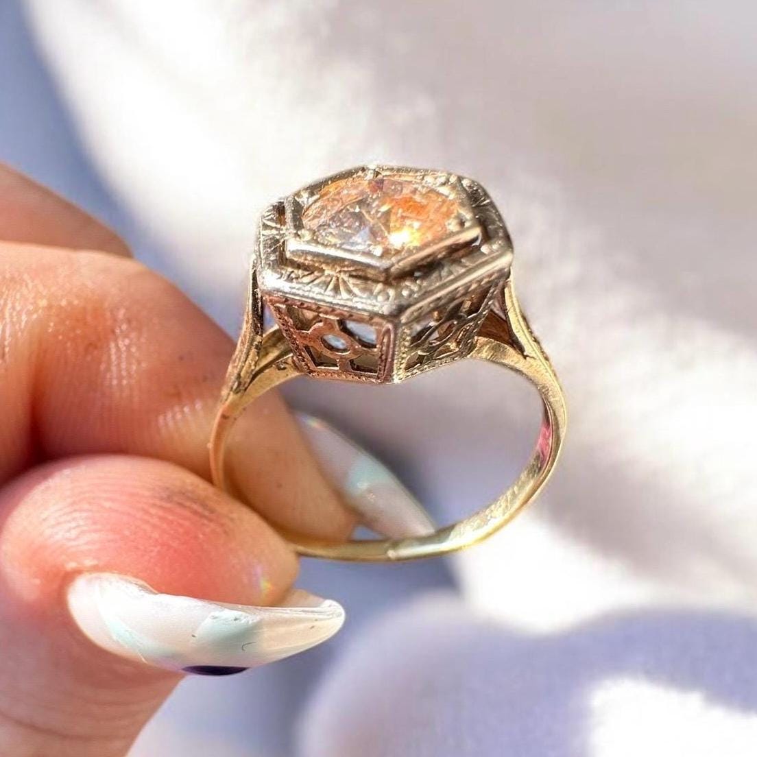 Antique Art Deco Natural Peach Colored Diamond Ring - 14k Solid Yellow Gold