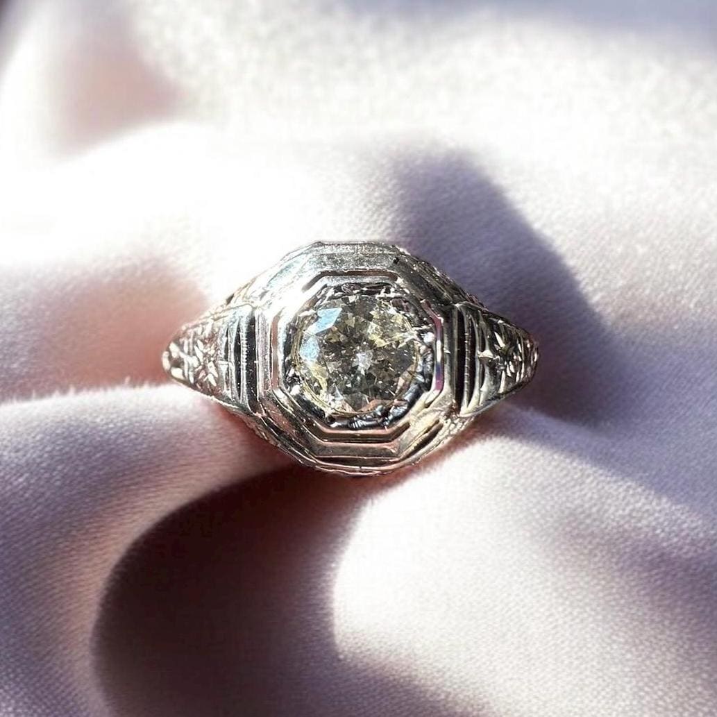 Antique art deco natural diamond engagement ring - 14k white gold