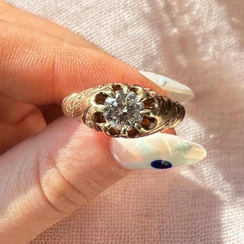 Antique Victorian buttercup ring with .85ct Natural old European cut diamond - 14k yellow gold