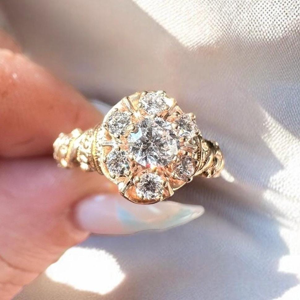 Antique Victorian 12k solid gold ring with old European cut center diamond