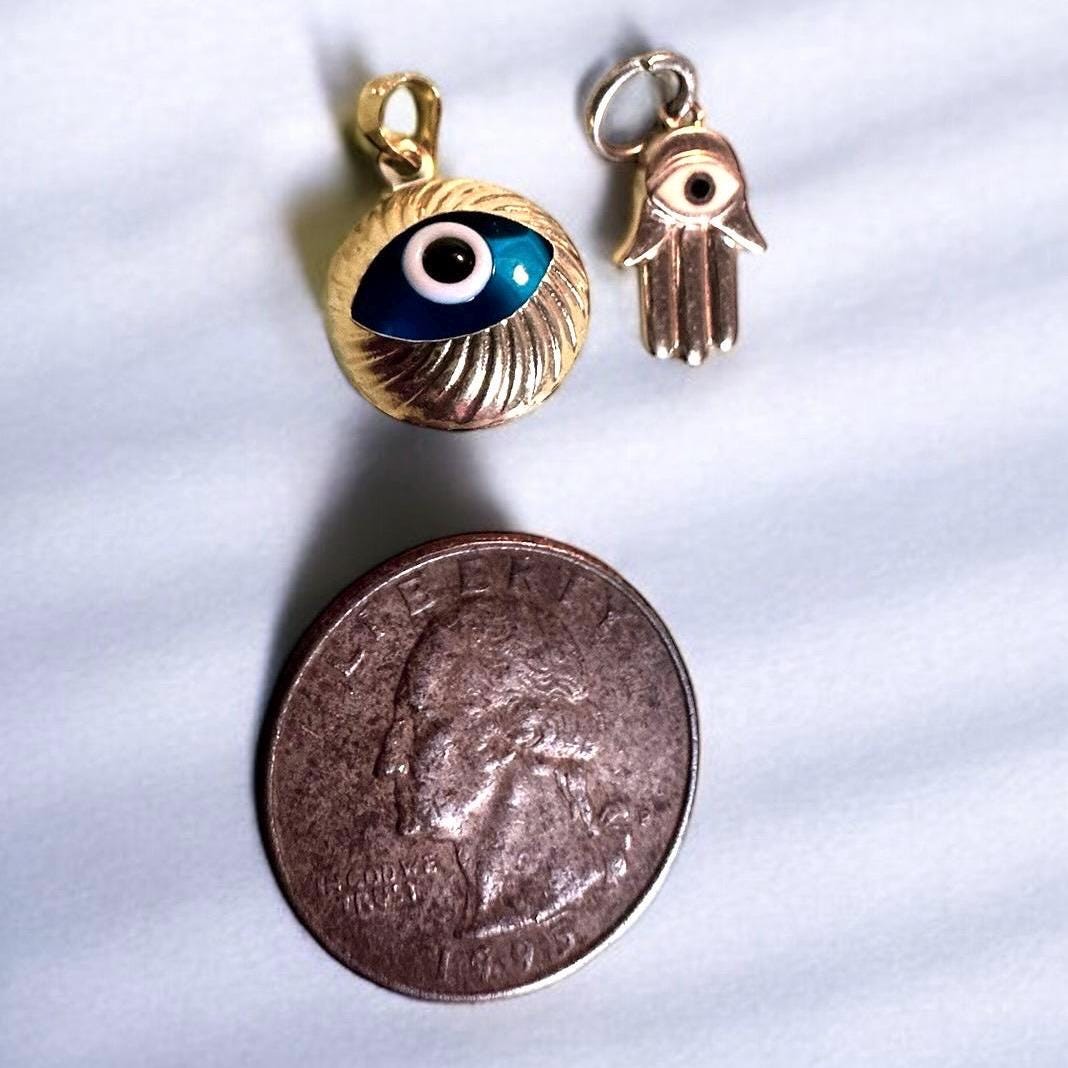 vintage solid gold evil eye charms - 14k yellow gold hamsa