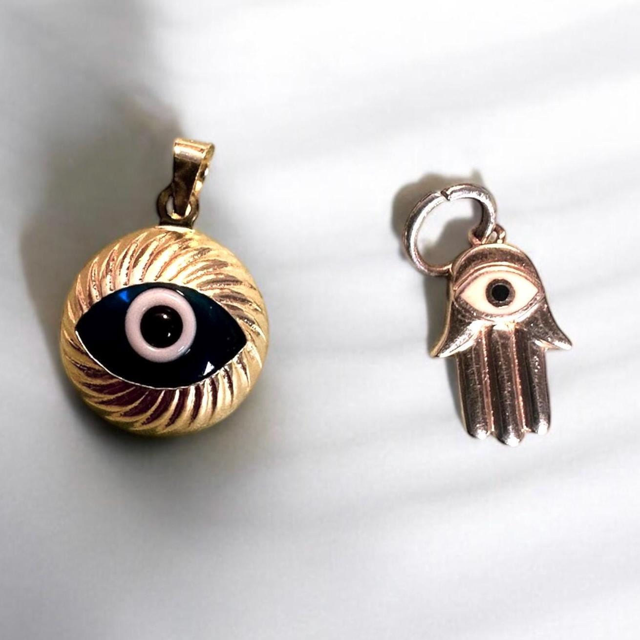 vintage solid gold evil eye charms - 14k yellow gold hamsa