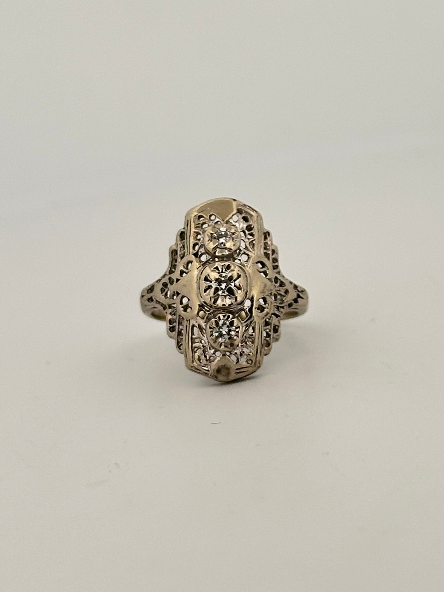 Vintage art deco shield ring in 10k white gold