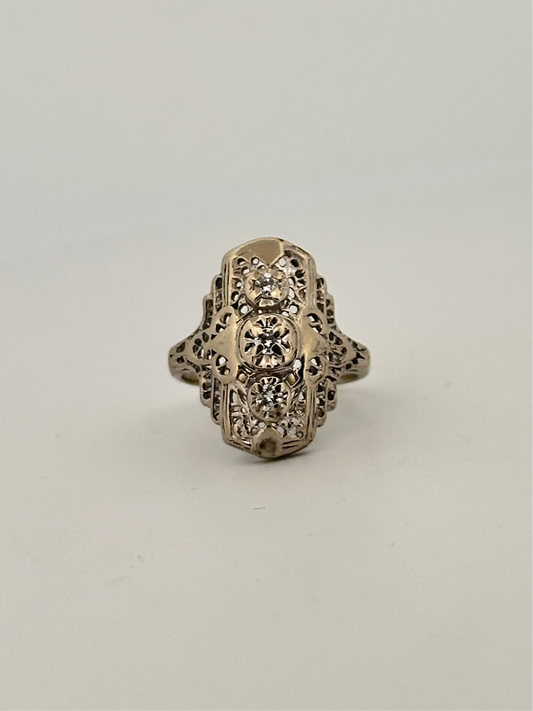 Vintage art deco shield ring in 10k white gold