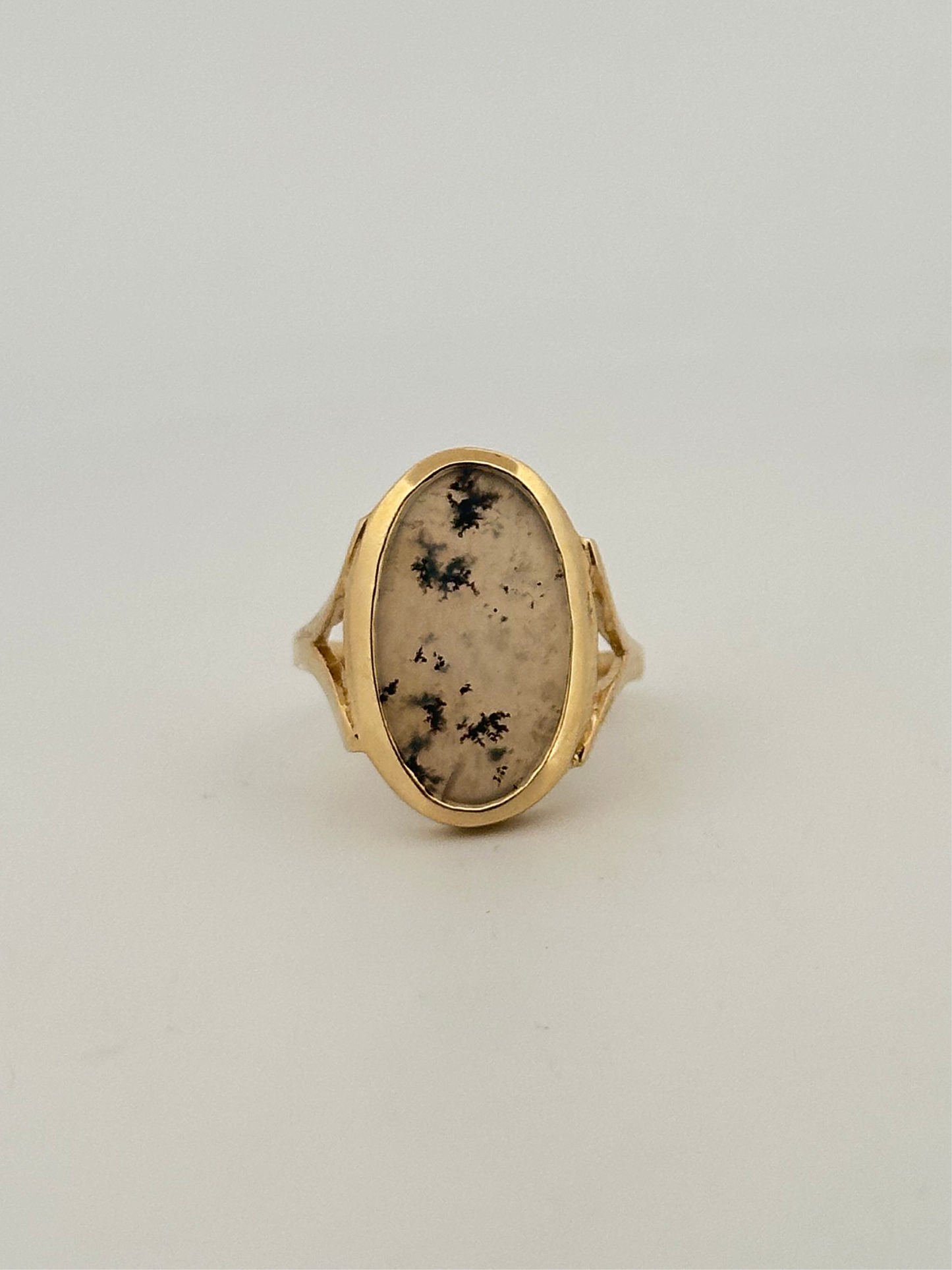Dendritic agate cabochon ring in 10k yellow gold
