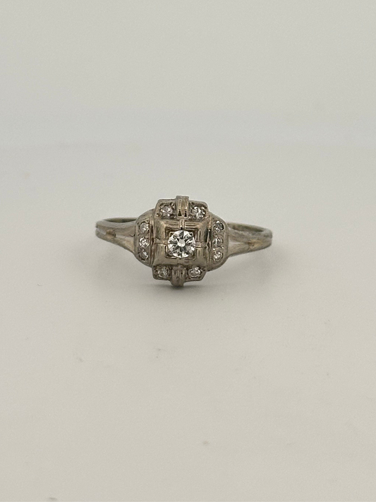 Antique art deco antique single cut diamond ring in 14k white gold