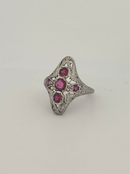 Antique art deco natural old mine cut ruby ring in 18k white gold