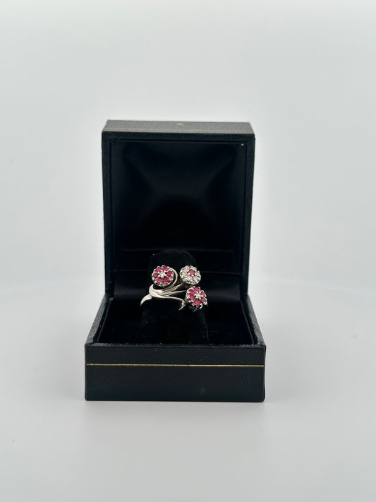 Vintage ruby and diamond floral cocktail ring in 14k white gold