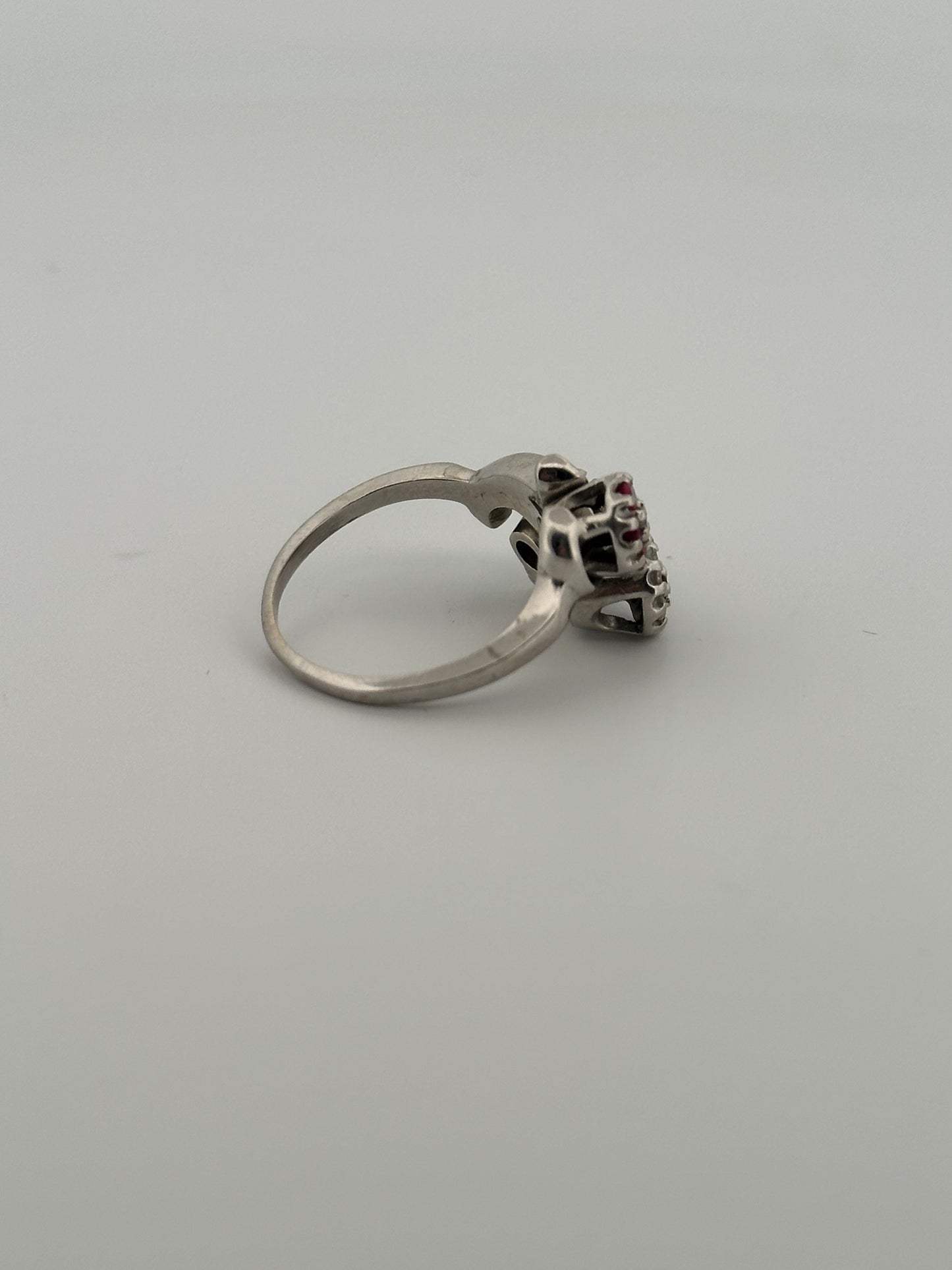 Vintage ruby and diamond floral cocktail ring in 14k white gold