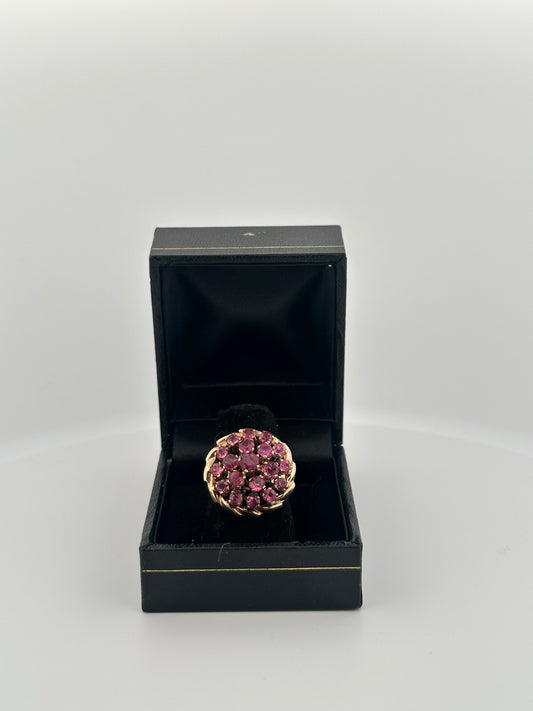 Vintage natural ruby cluster ballerina cocktail ring in 14k yellow gold