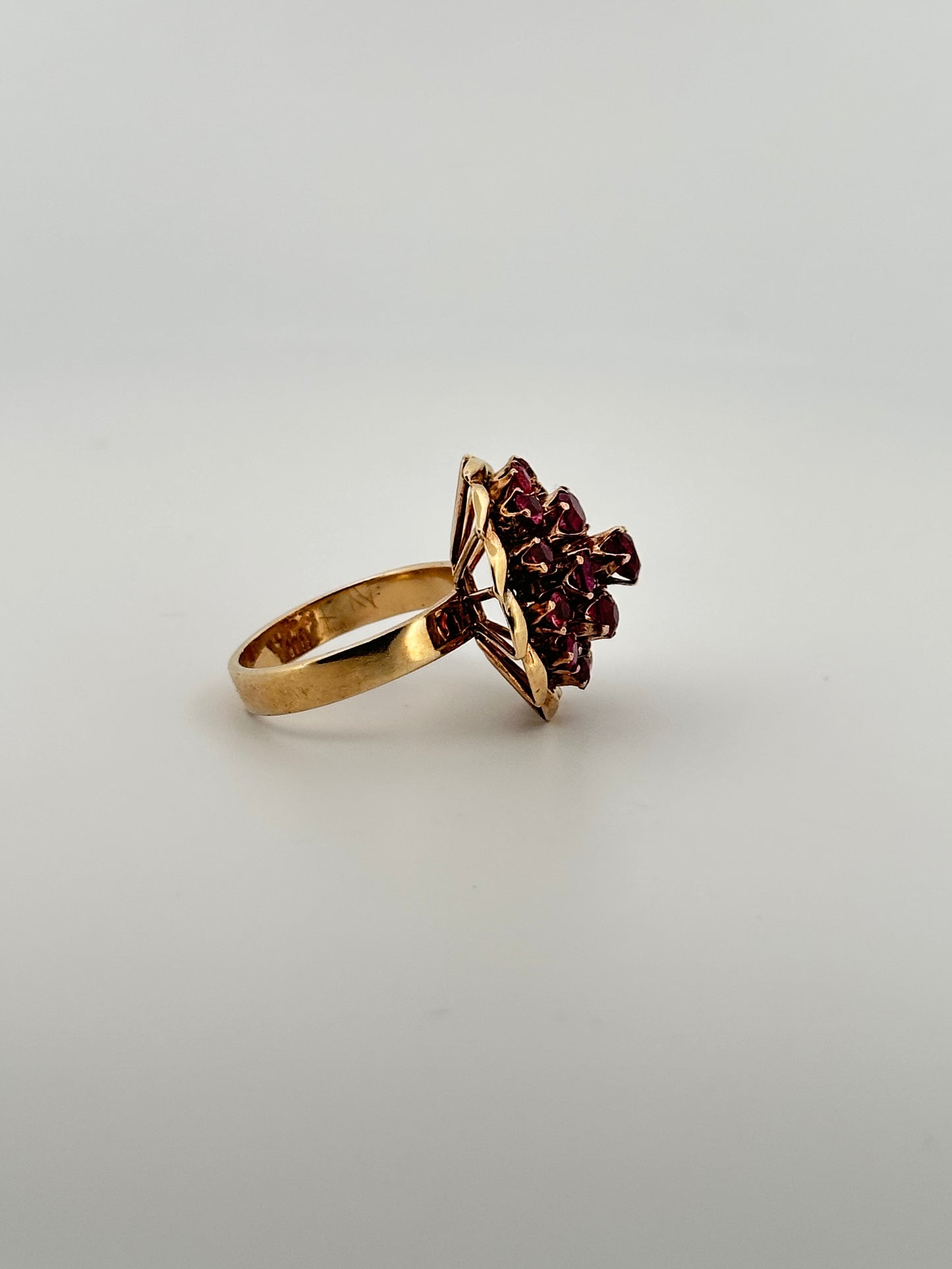 Vintage natural ruby cluster ballerina cocktail ring in 14k yellow gold