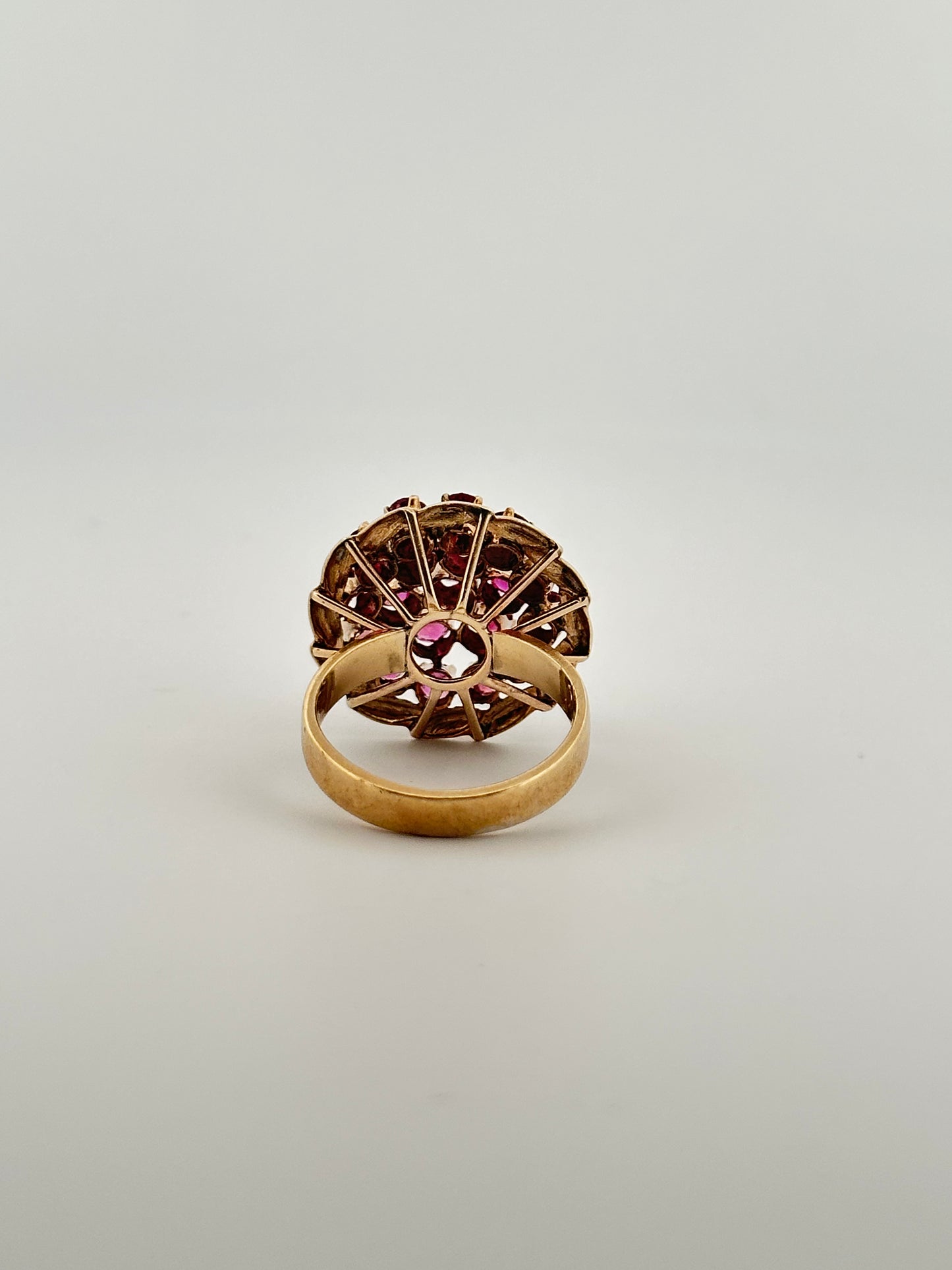 Vintage natural ruby cluster ballerina cocktail ring in 14k yellow gold