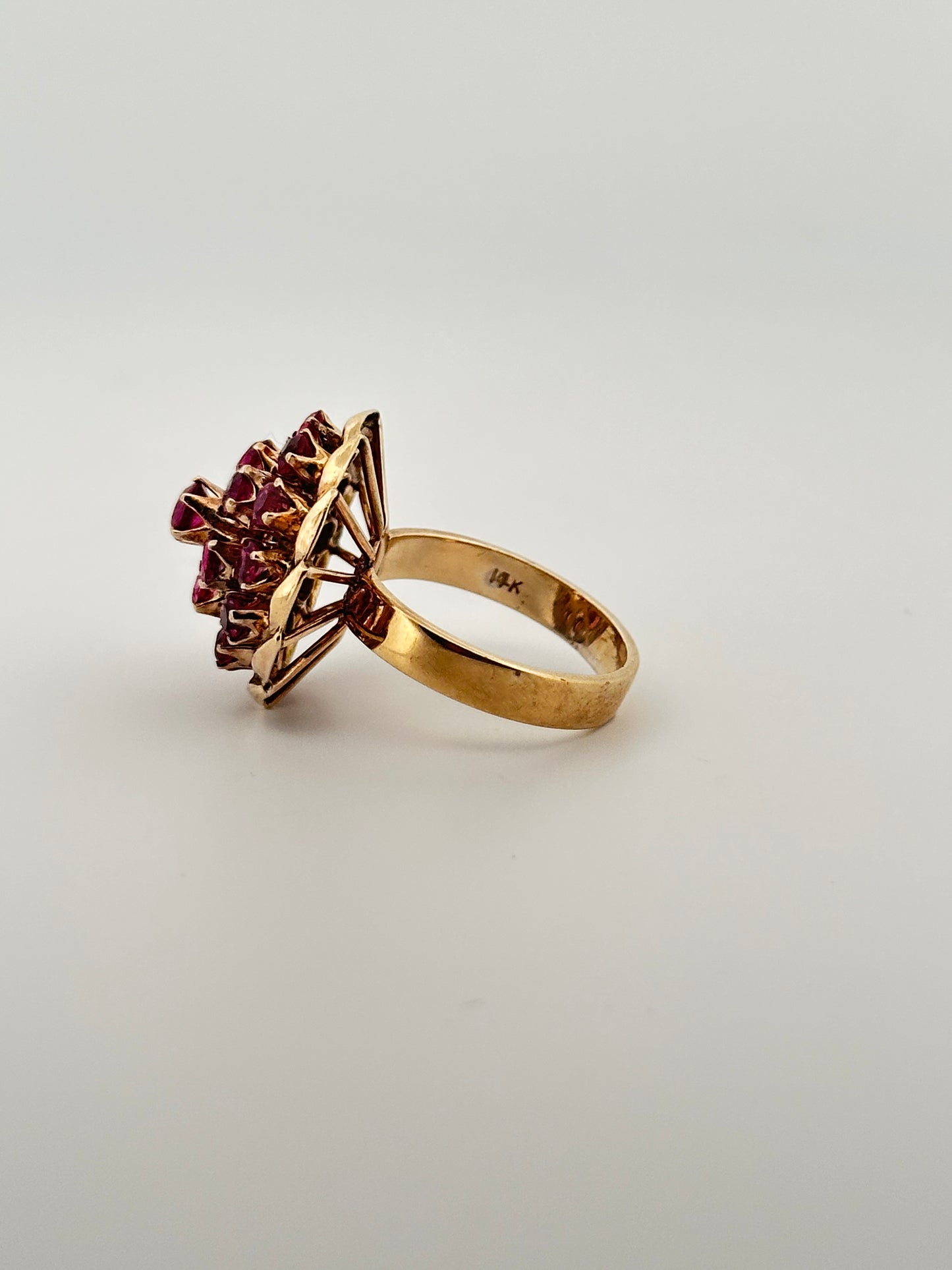 Vintage natural ruby cluster ballerina cocktail ring in 14k yellow gold