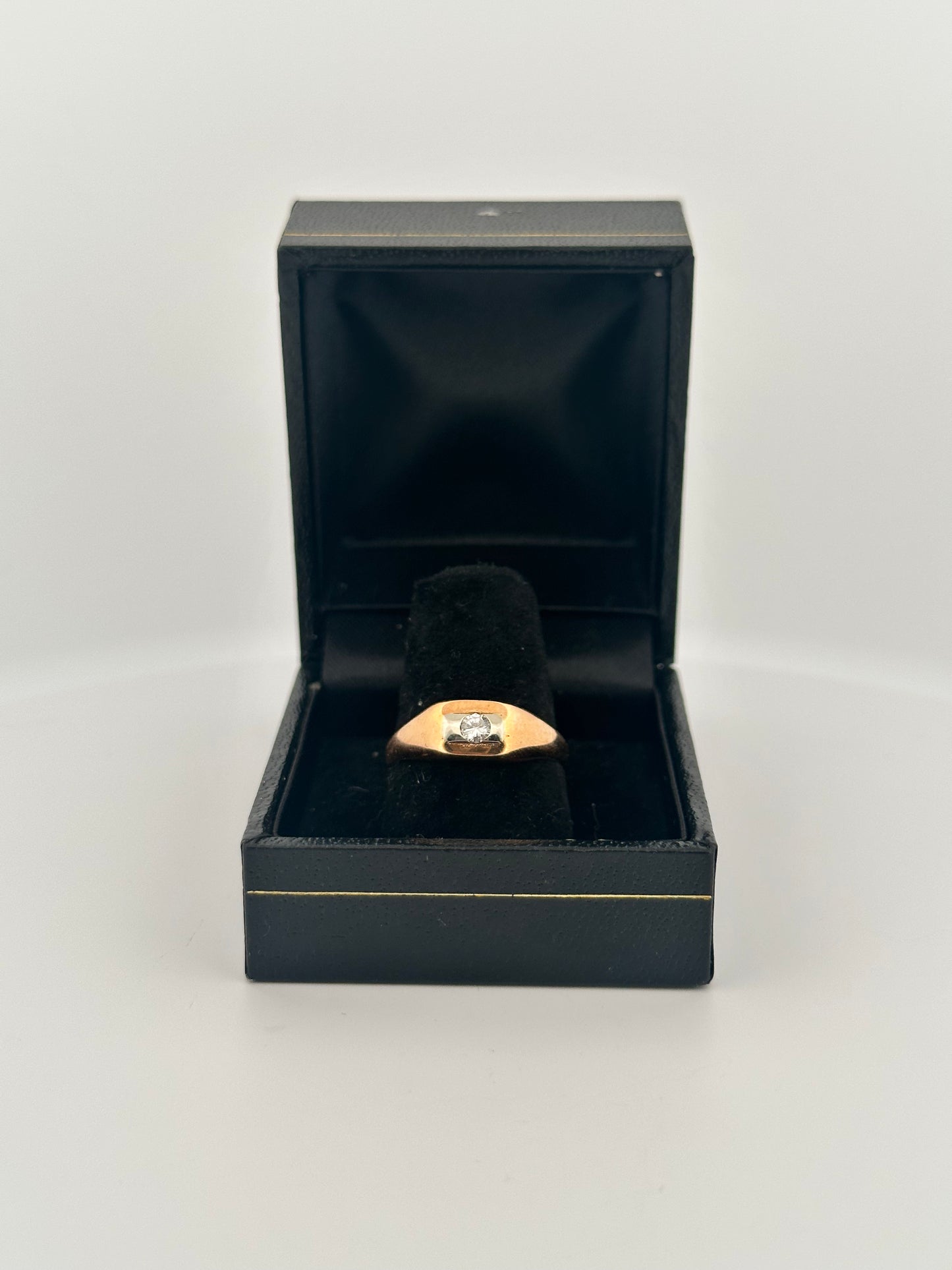 Antique two toned rose and white gold signet ring in 14k with a natural diamond