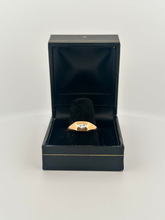 Antique two toned rose and white gold signet ring in 14k with a natural diamond