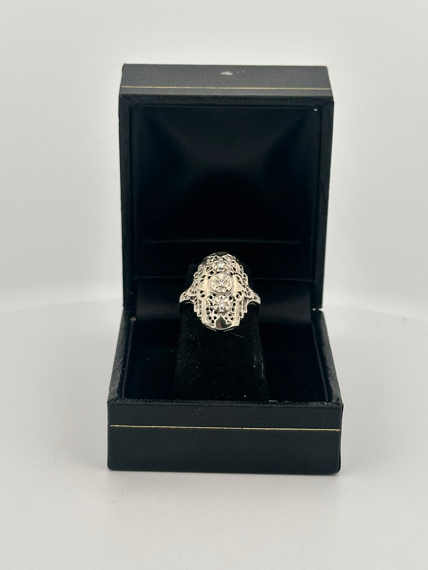 Vintage art deco shield ring in 10k white gold