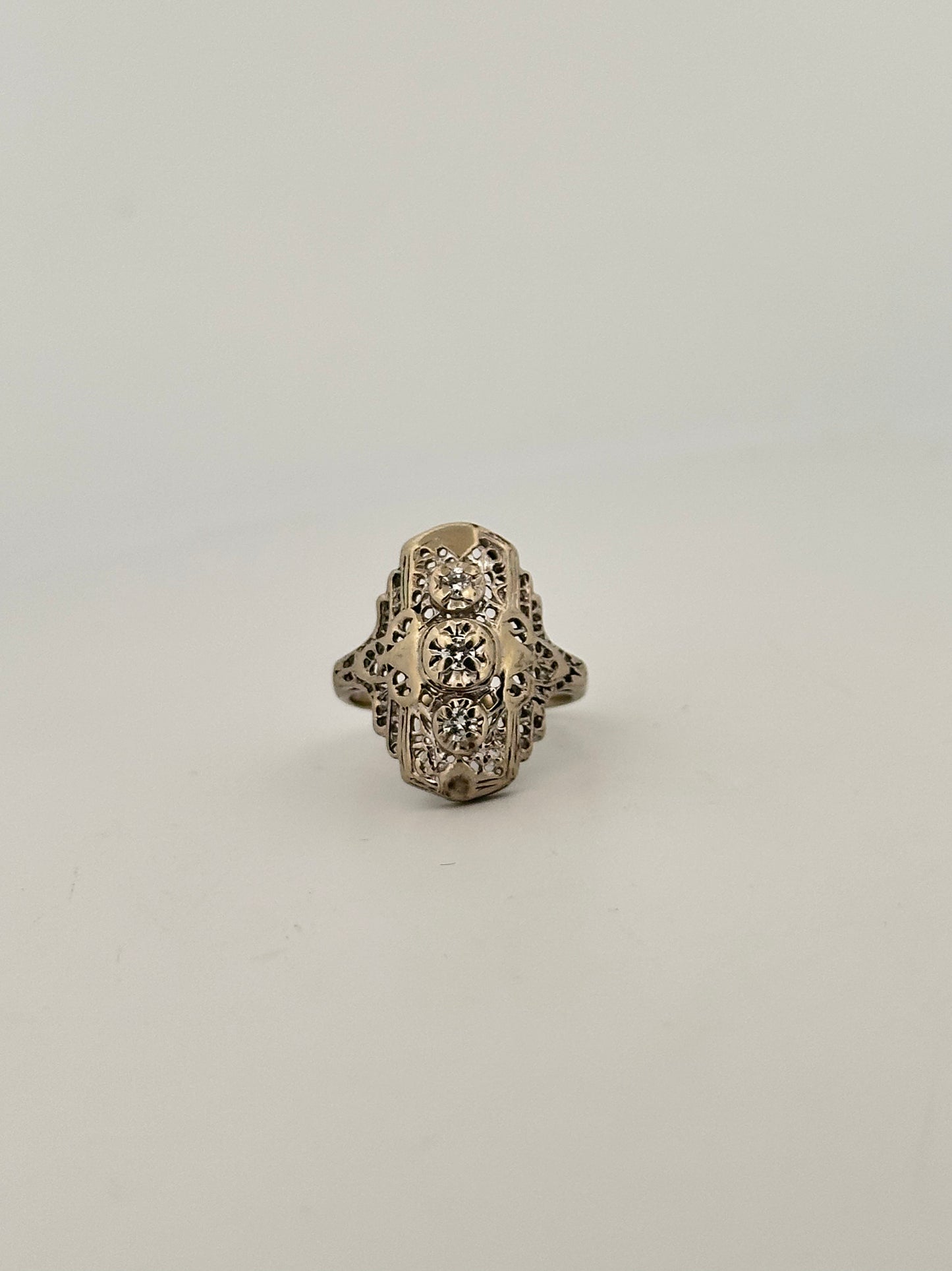 Vintage art deco shield ring in 10k white gold