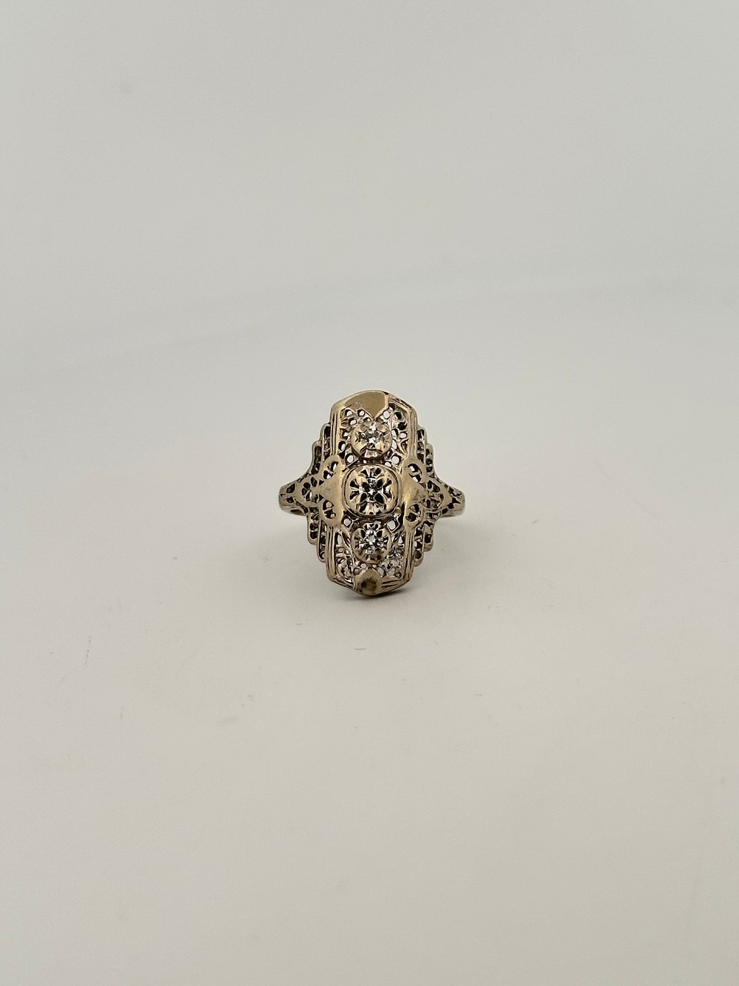 Vintage art deco shield ring in 10k white gold