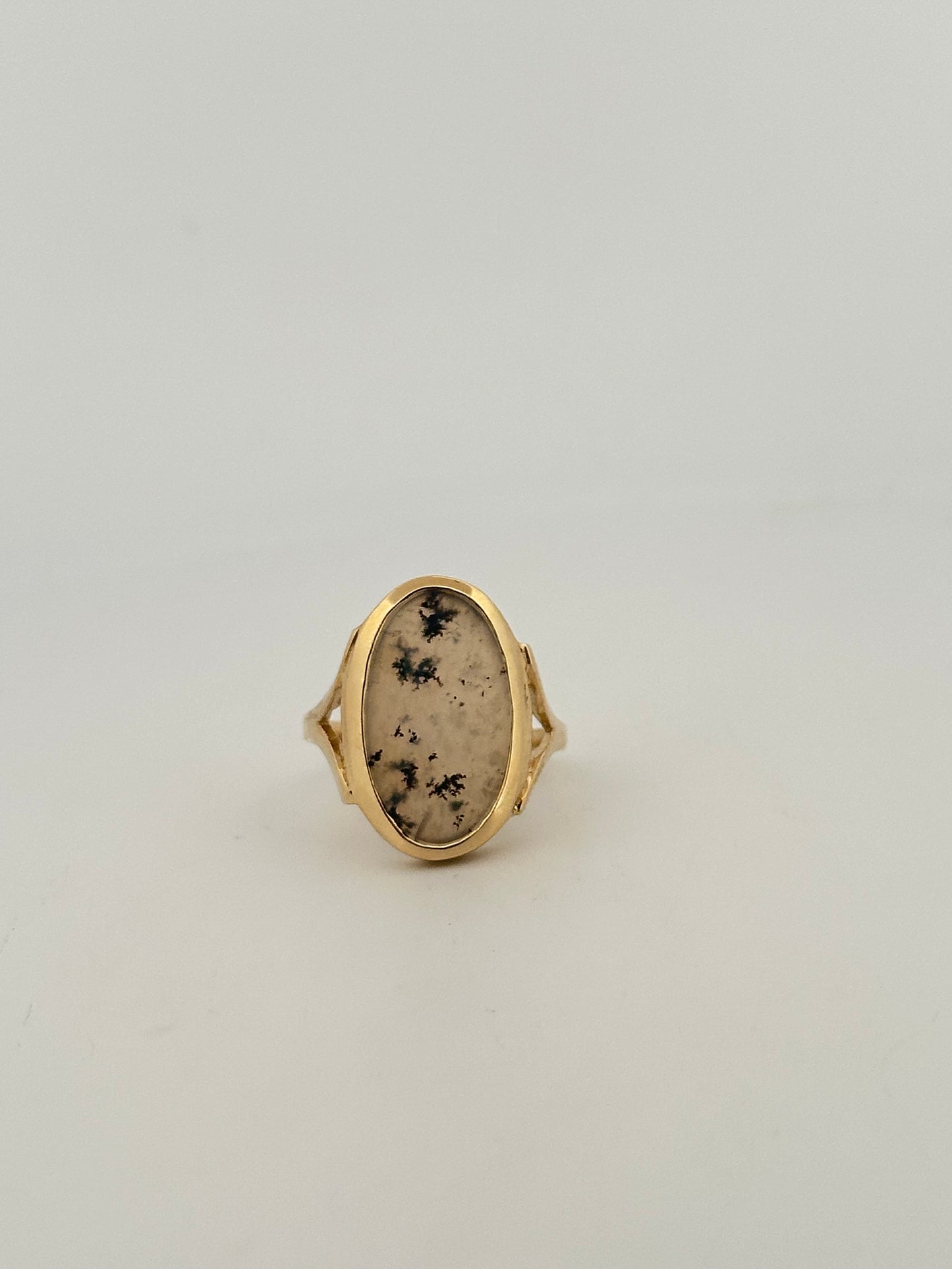 Dendritic agate cabochon ring in 10k yellow gold