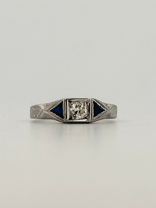 antique art deco diamond ring with sapphire accents in 14k white gold