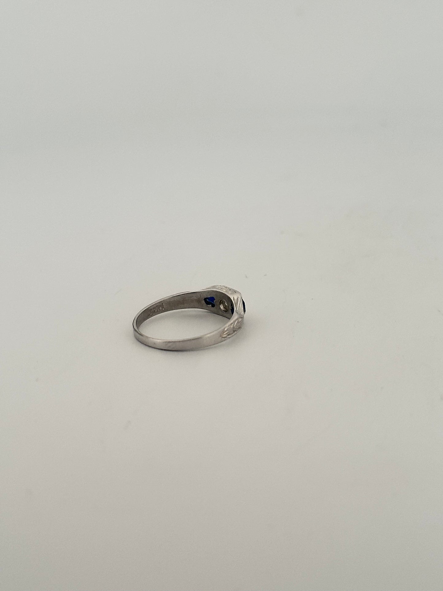 antique art deco diamond ring with sapphire accents in 14k white gold