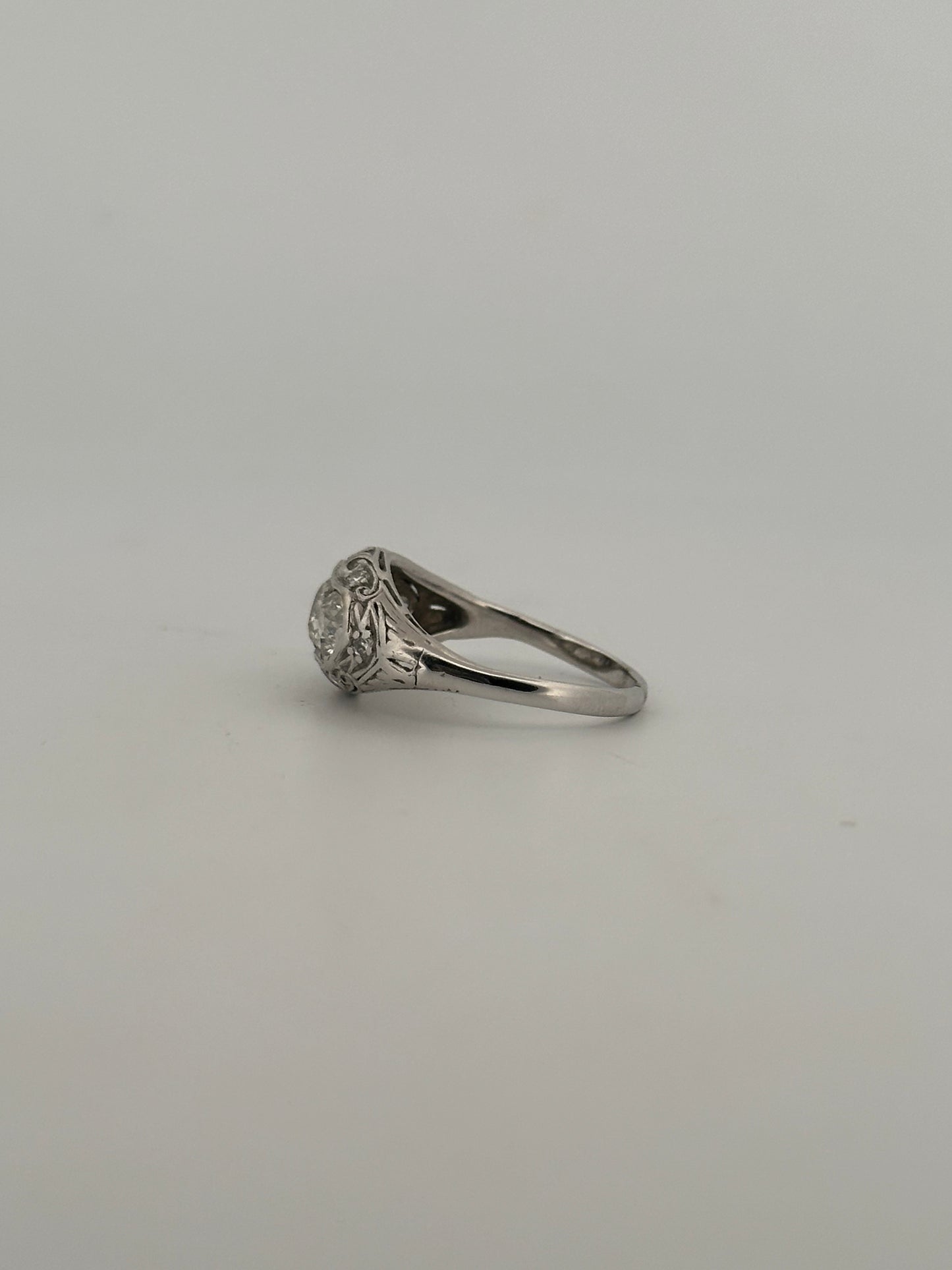 Antique art deco old mine cut natural diamond ring in 18k white gold