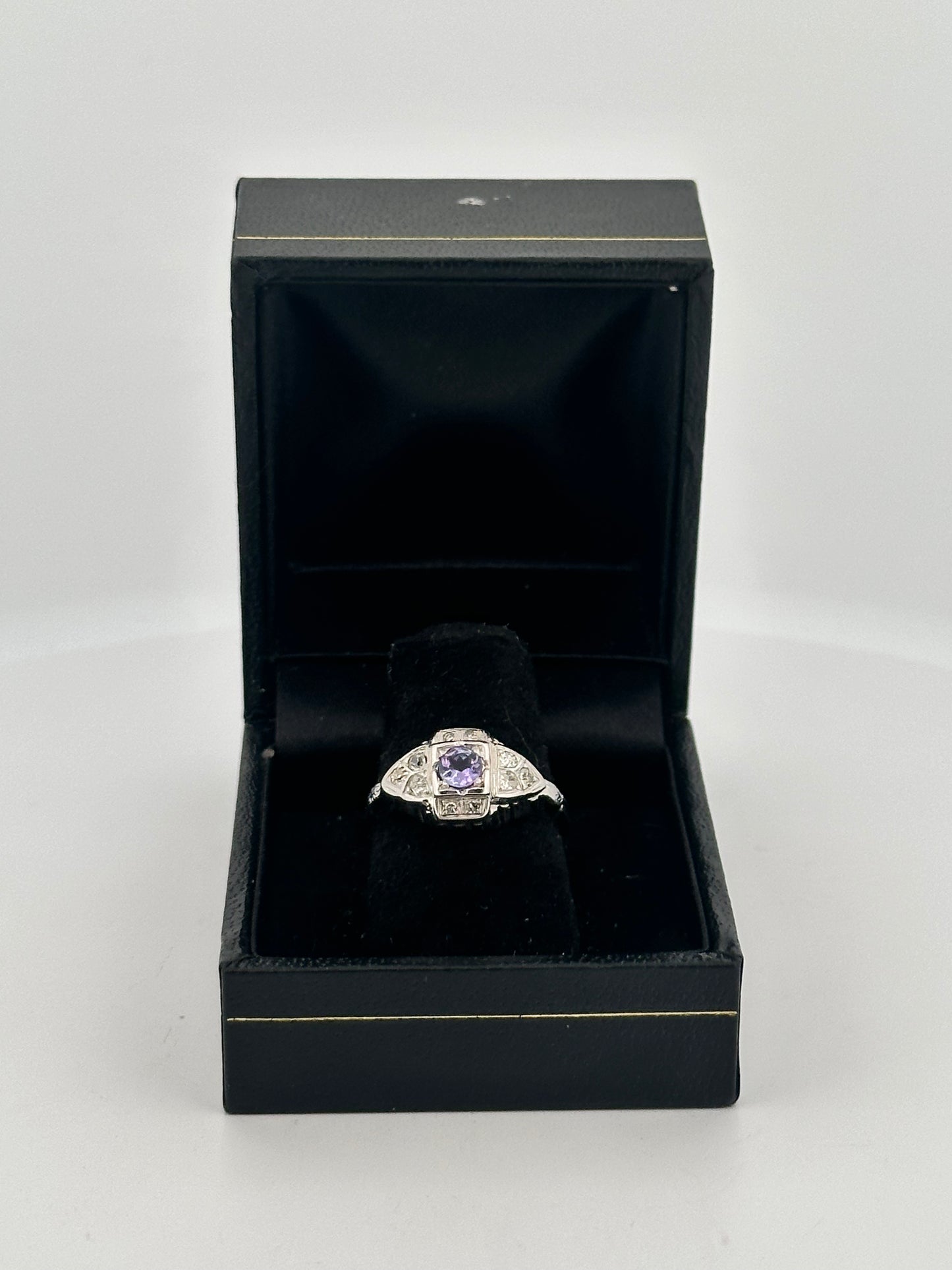 Antique art deco diamond and tanzanite ring in 18k white gold