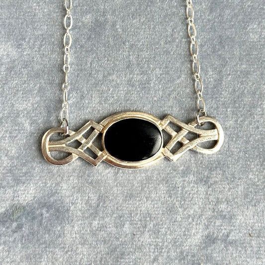 onyx and Sterling pendant necklace - reworked vintage 925 sterling silver pendant necklace