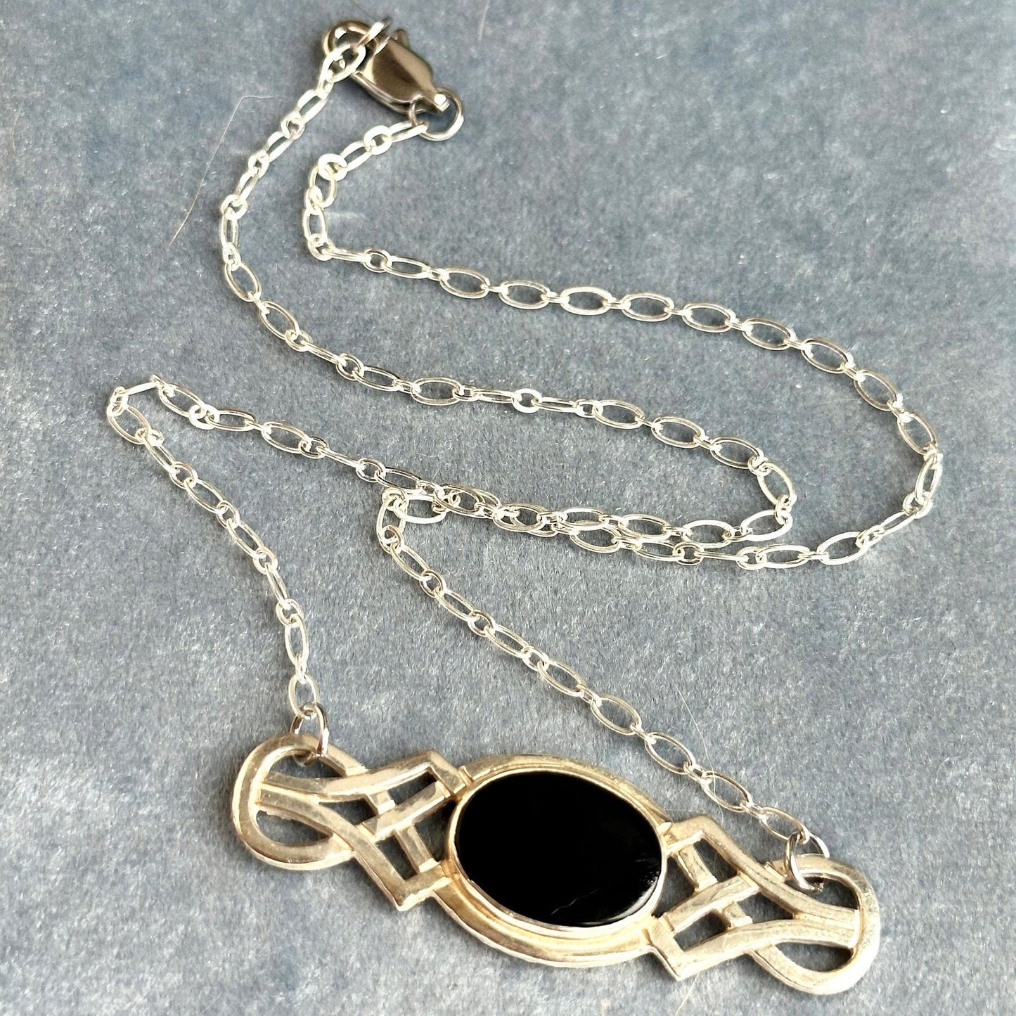 onyx and Sterling pendant necklace - reworked vintage 925 sterling silver pendant necklace