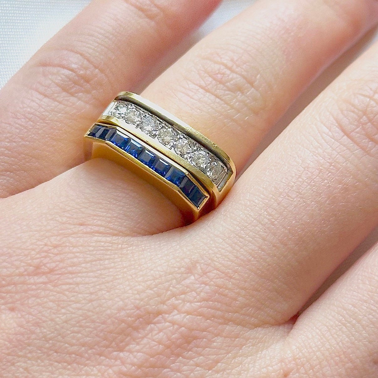 vintage 18k solid gold stackable diamond and sapphire ring set - vintage half eternity stacking bands