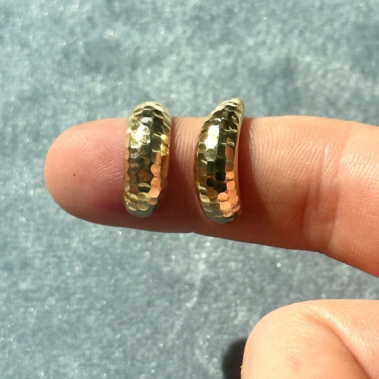 vintage 14k solid gold half hoop stud earrings - hammered gold j hoop earrings