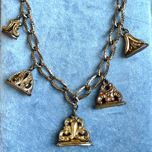 antique Victorian charm necklace - watch fob statement necklace - reworked antique charms