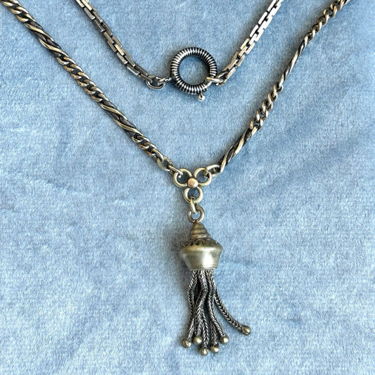 antique Victorian watch chain neclace - sterling silver and gold filled pedant necklace with tassel charm