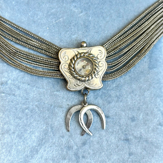 antique Victorian watch chain neclace - sterling silver compass and horseshoe chatelain necklace- Victorian statement collar necklace