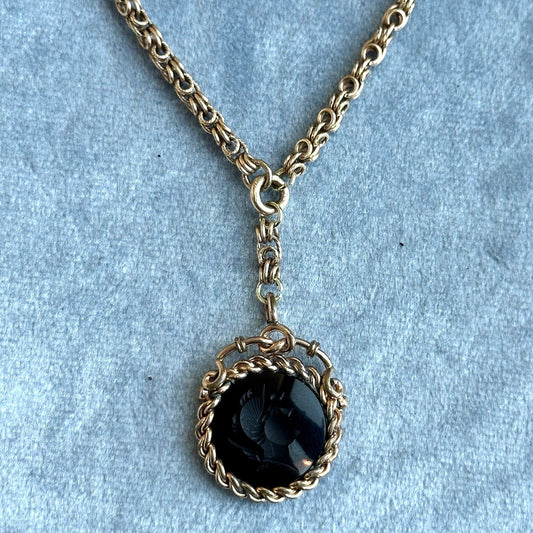 antique Victorian watch chain neclace - reworked gold filled Roman intaglio lariat pendant necklace